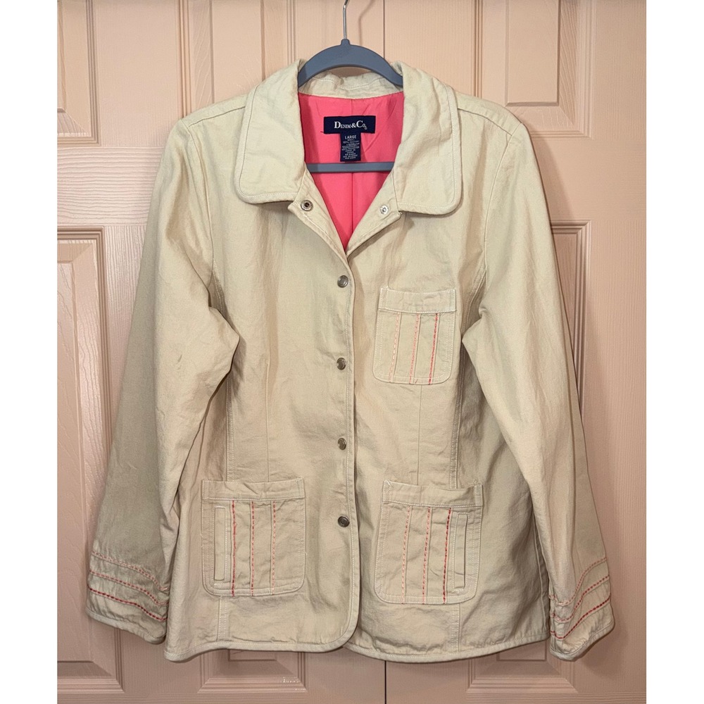 Vintage Y2K Barn Jacket Tan Chore Coat Pink Contrast Stitching Utility Large